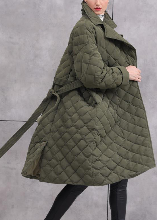 Army Green Tie Waist Pockets Duck Down Coat Long Sleeve
