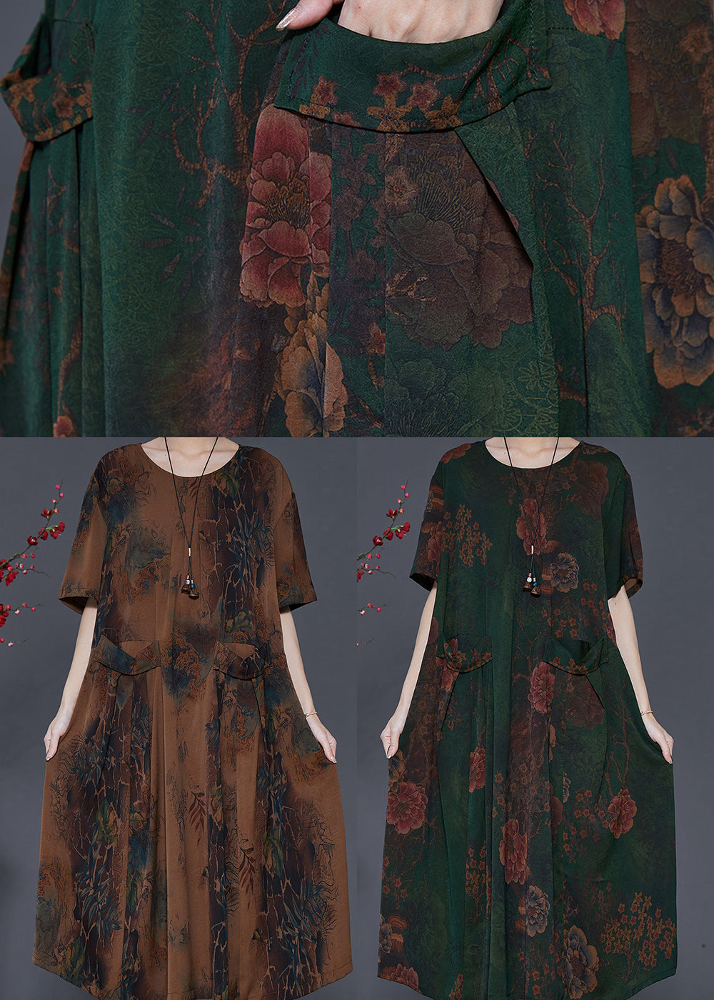 Stylish Coffee Oversized Print Pockets Silk Maxi Dresses Summer