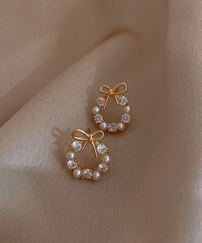 Gold Copper Alloy Pearl Bow Stud Earrings