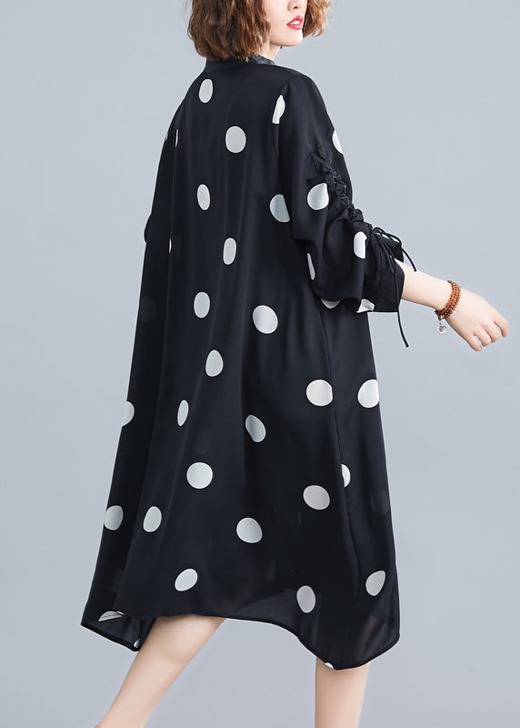 Black Dot Lace Up Patchwork Chiffon Dresses Fall