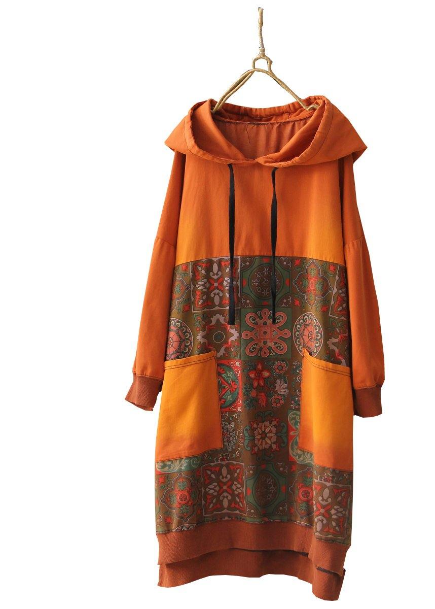 Orange Hooded Print Long Dresses Spring Cotton Dress