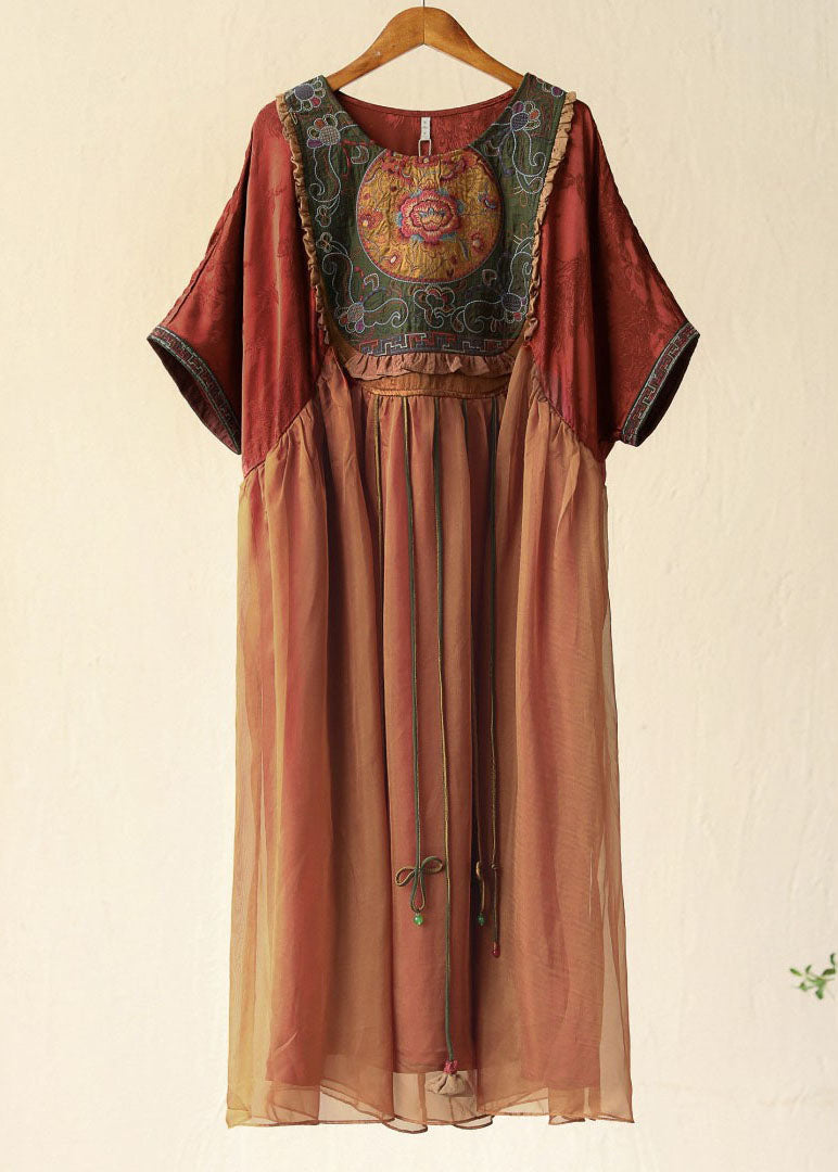 Orange Tasseled Embroideried Patchwork Silk Long Dresses Summer