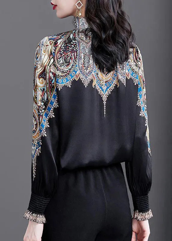 Black Stand Collar Cinched Print Silk Shirt Top Spring