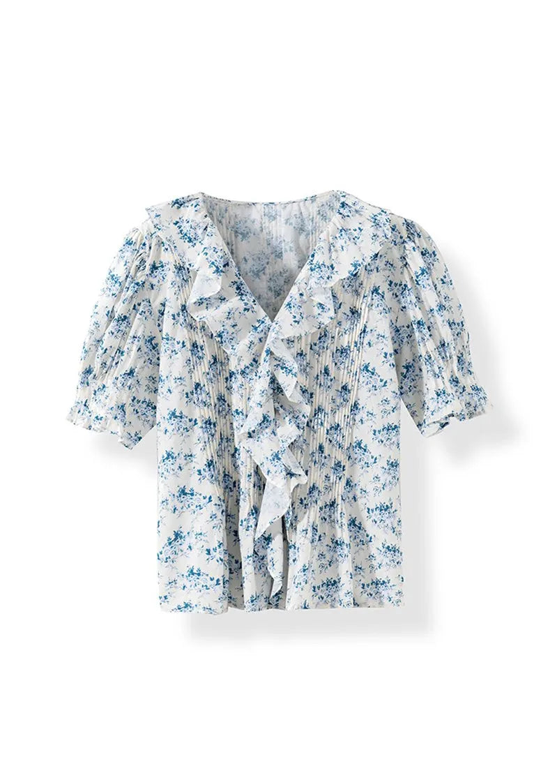 French V Neck Ruffled Print Puff Sleeve Cotton Shirts