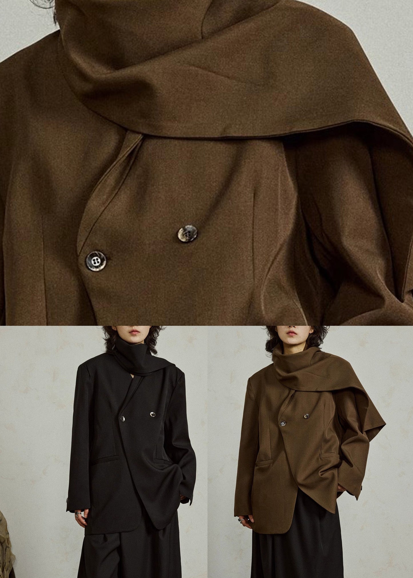 Black Notched Button Coats Long Sleeve
