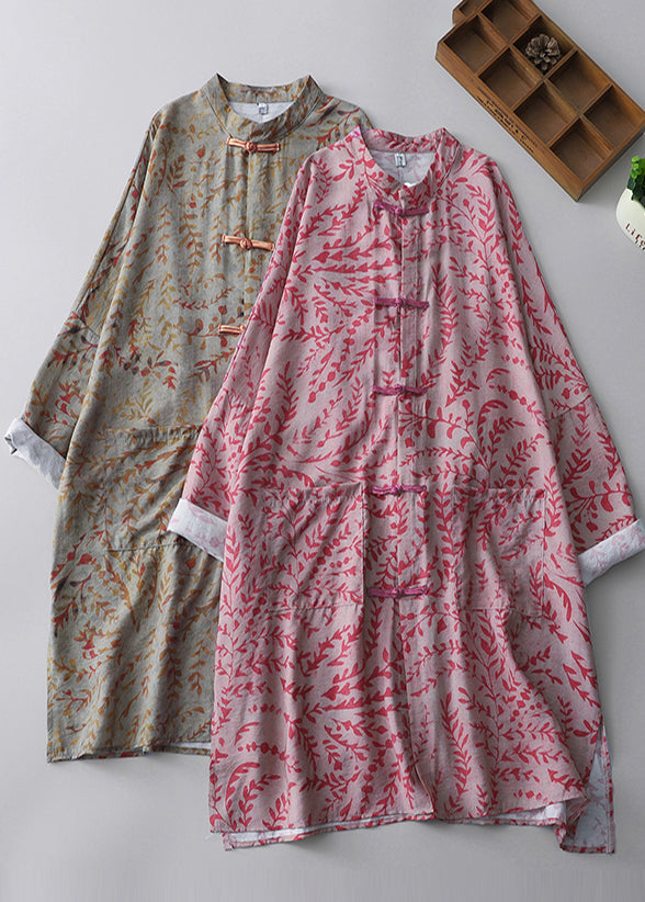 Pink Oversized Print Linen Oriental Dresss Spring
