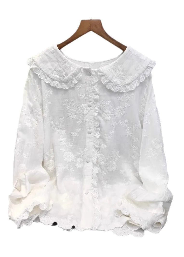 Blue Embroidered Cotton Shirt Top Fall
