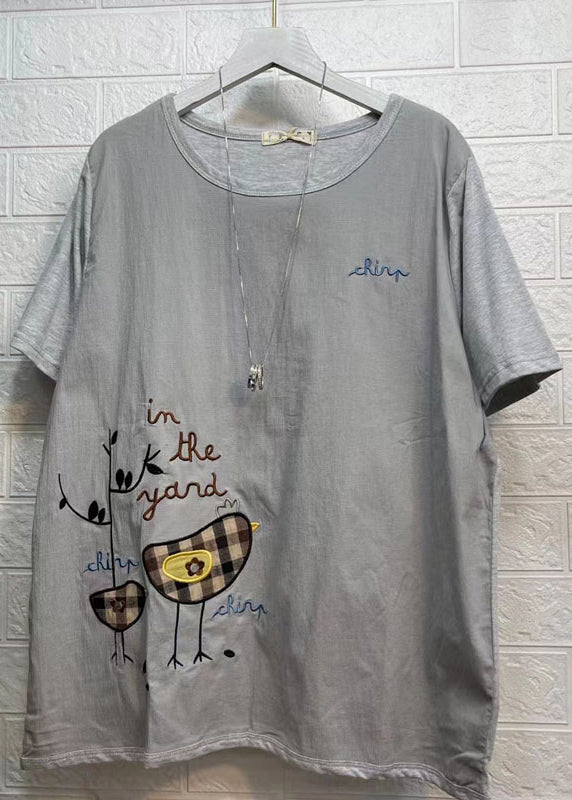 Army Green O Neck Embroideried Patchwork Cotton T Shirt Summer
