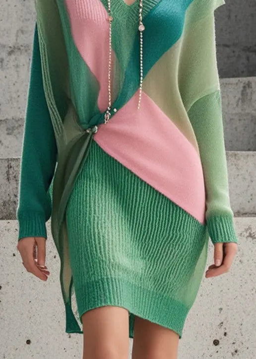 Silm Fit Green Asymmetrical Patchwork Knitwear Dress Fall