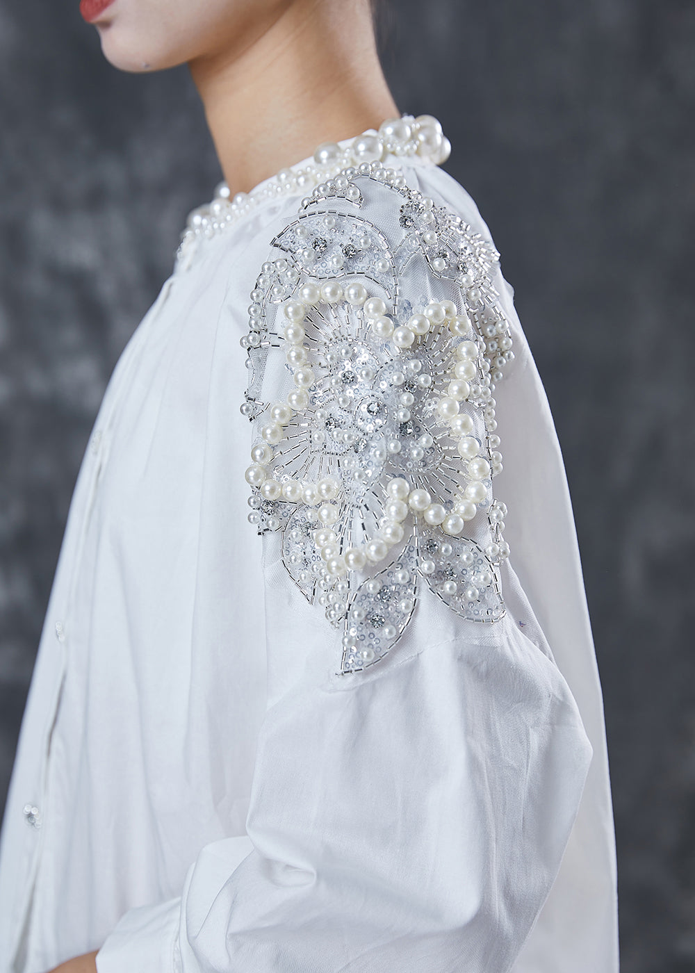 White Oversized Nail Bead Cotton Shirts Spring