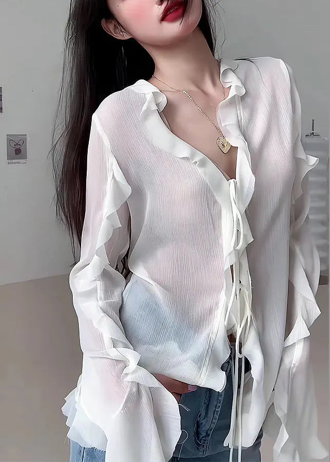 Natural White V Neck Ruffled Chiffon Shirt Fall