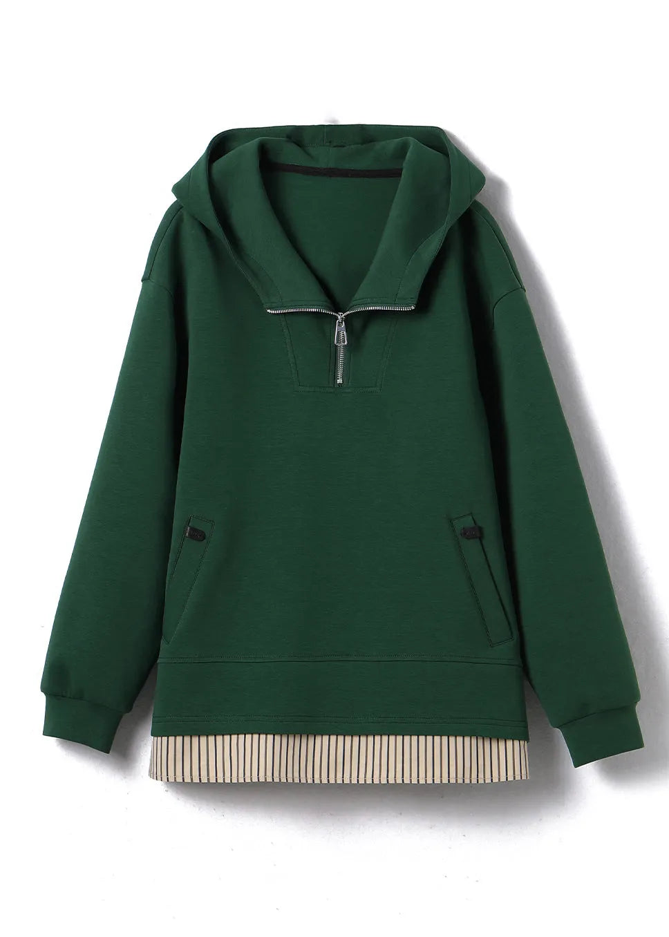 Green Zip Up Patchwork Hooded Cotton Pullover Fall