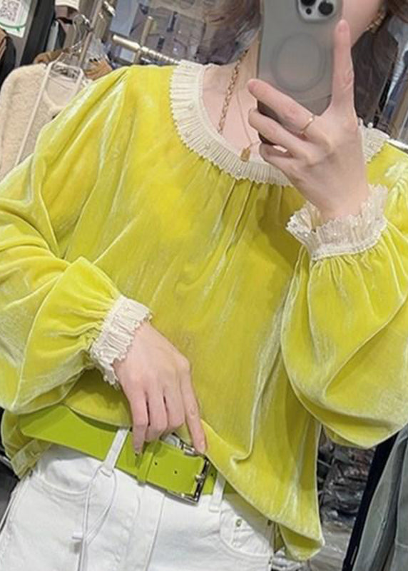 Yellow Ruffled Nail Bead Silk Velour Shirt Fall