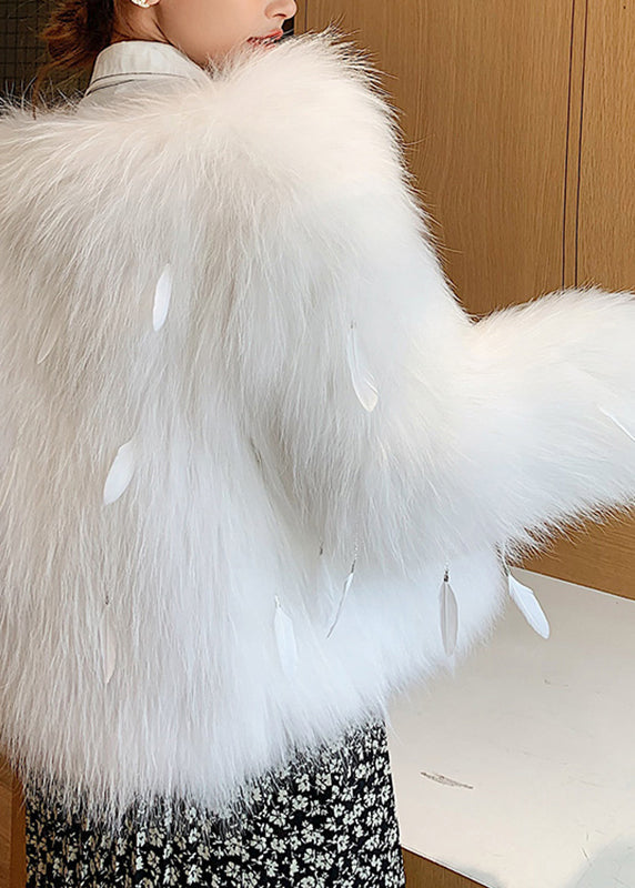 White Raccoon Hair Collar Feather Tassel Leather and Fur Coats Winter