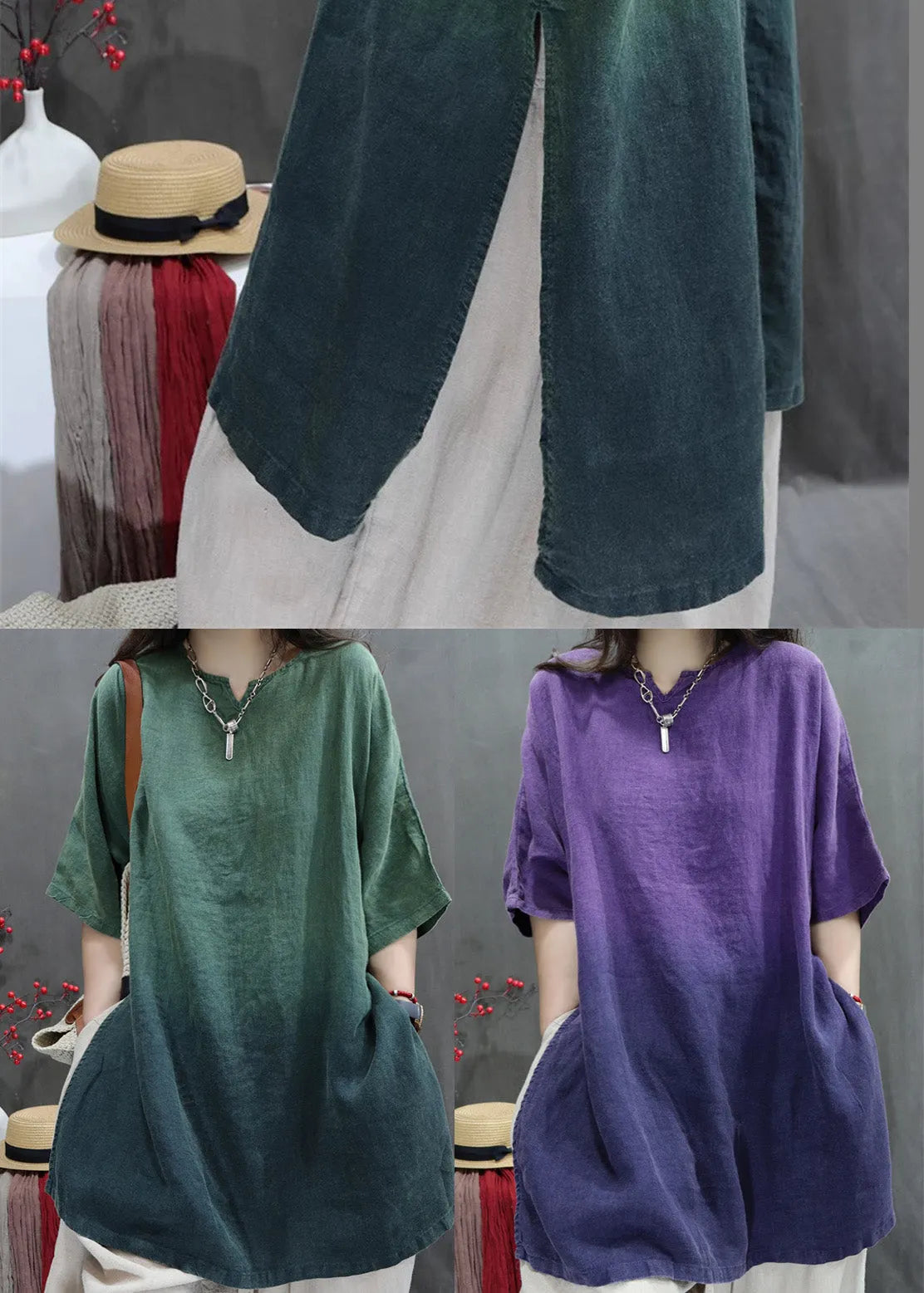 Gradient Green Linen Shirt Oversized Side Open Summer