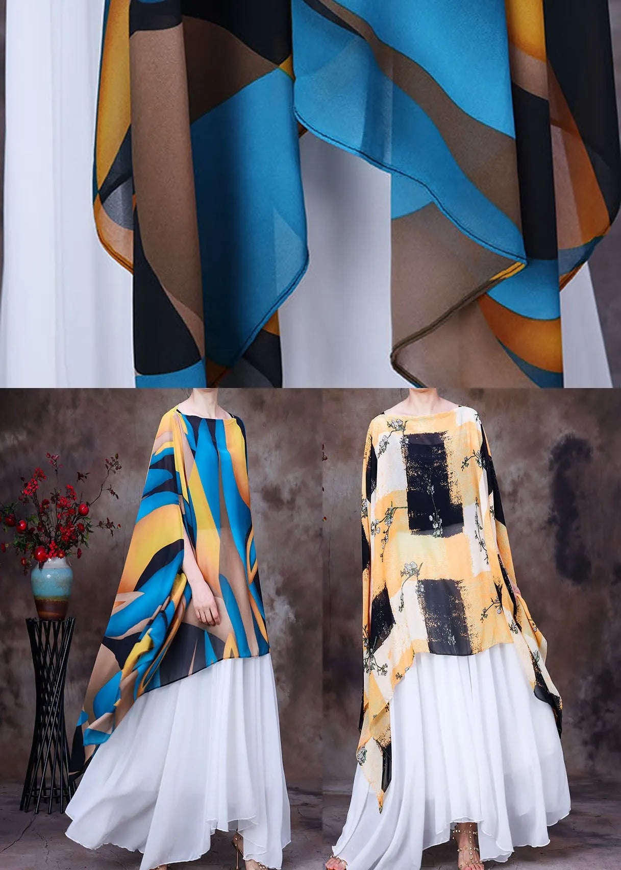 Yellow Black Print Chiffon Upf 50+ Top Asymmetrical Design Batwing Sleeve