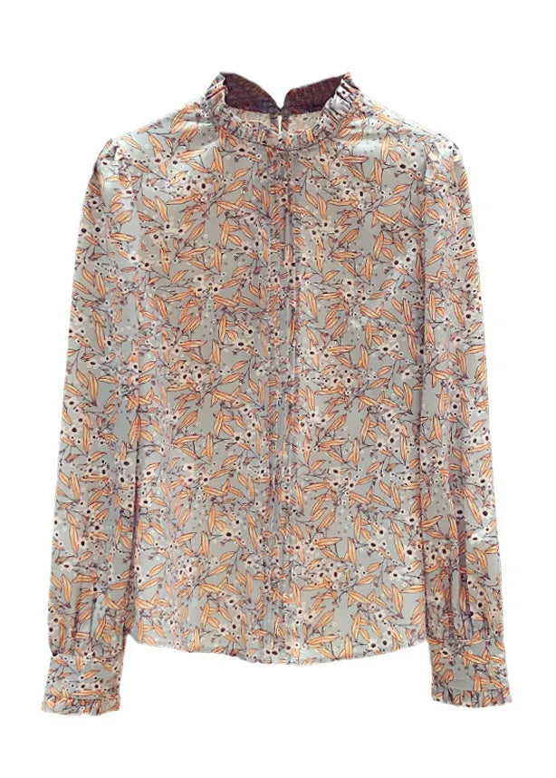 Stand Collarc Ruffled Print Chiffon Shirts Spring