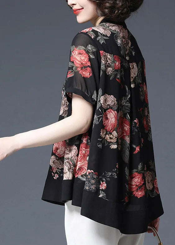 Black Stand Collar Button Wrinkled Print Chiffon Shirts Short Sleeve