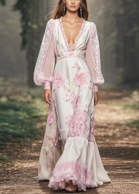 V Neck Print Patchwork Chiffon Maxi Dresses Fall