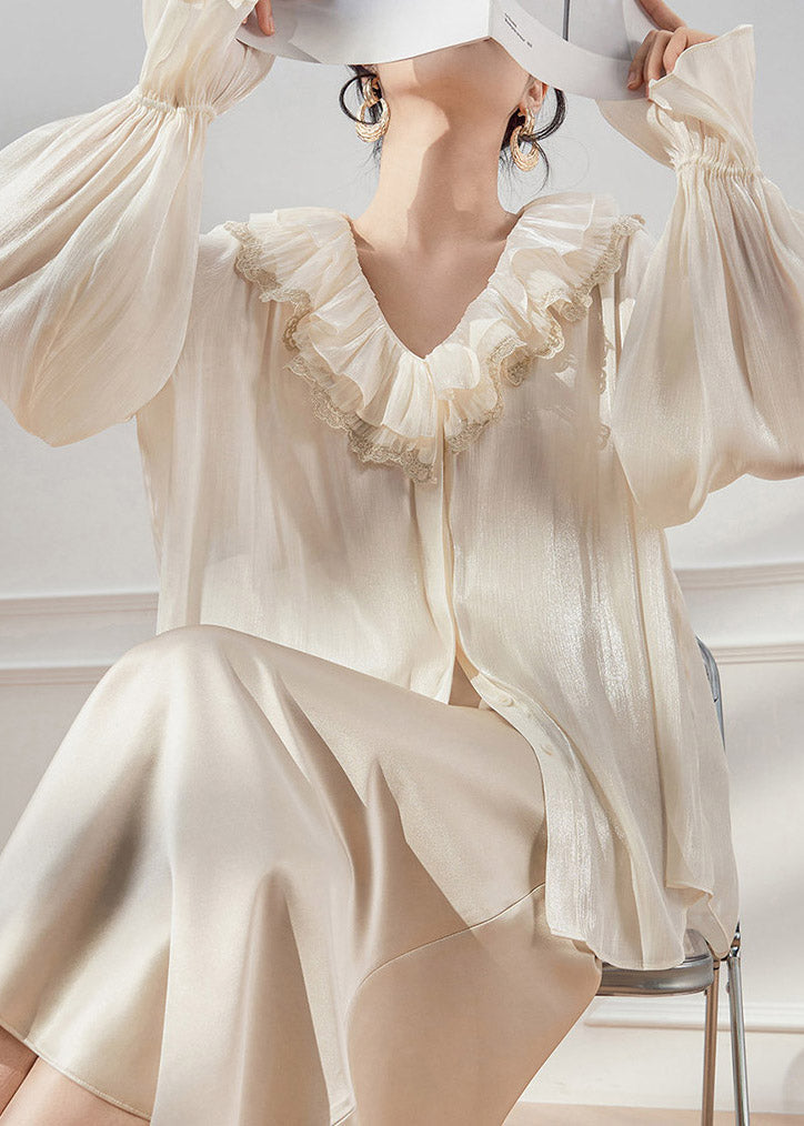 White V Neck Ruffled Shirts Spring