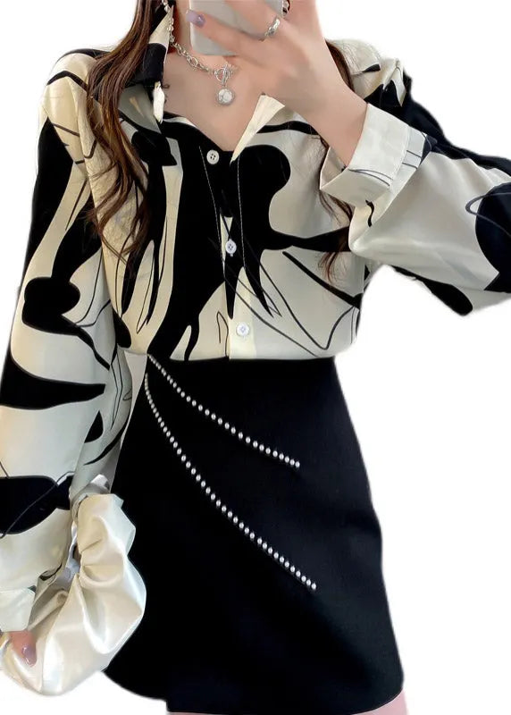 White Peter Pan Collar Print Button Chiffon Shirt Long Sleeve