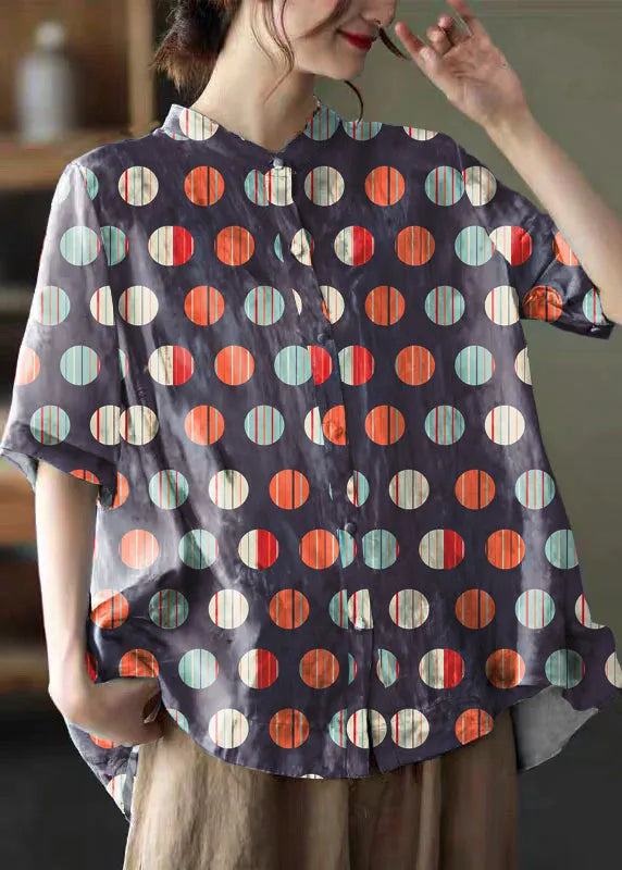 Pink Geometry Print Cotton Shirts Low High Design Short Sleeve