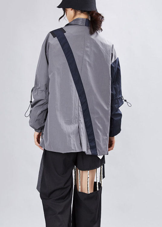 Simple Grey Patchwork Plaid Asymmetrical Design Fall Coats Long Sleeve
