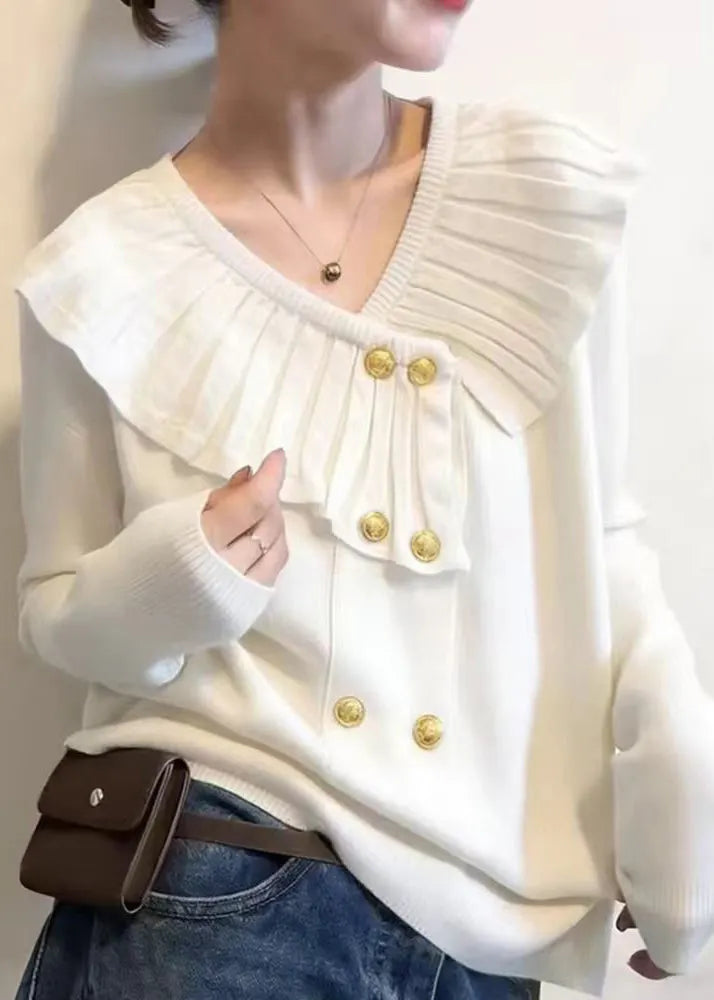 White V Neck Cotton Knit Sweater Spring