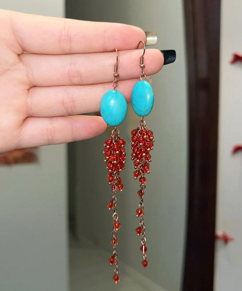 Red Sterling Silver Overgild Turquoise Pomegranate Tassel Drop Earrings