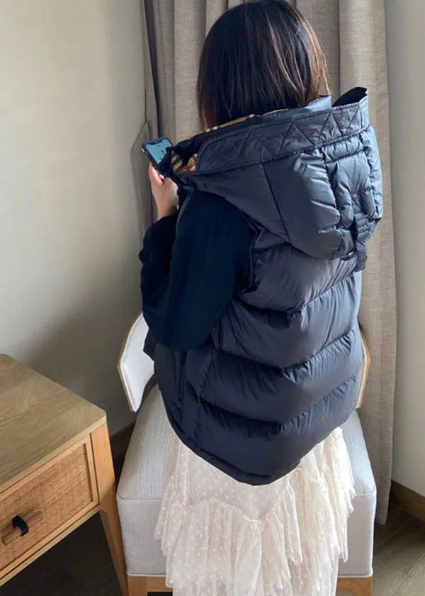 Simple Black Hooded Color Duck Down Puffer Vest Sleeveless