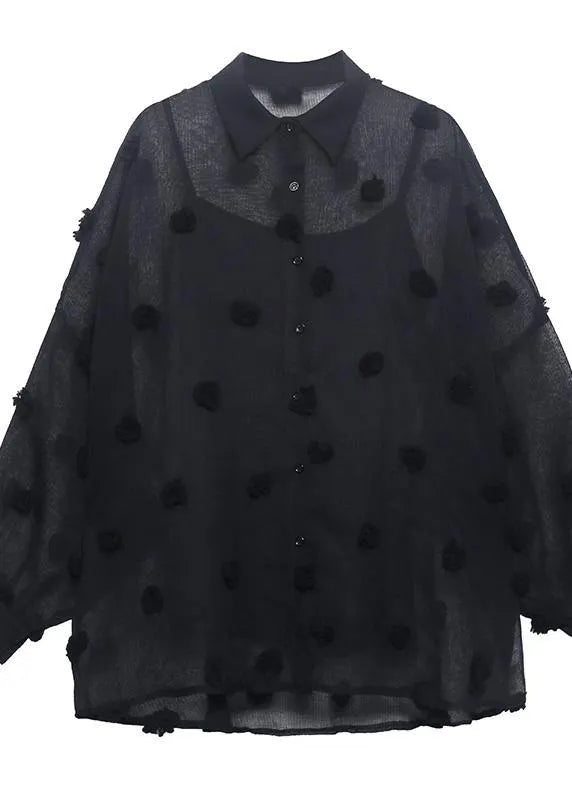 Black Simple Button Cinched Two Piece Set Clothing Chiffon Top