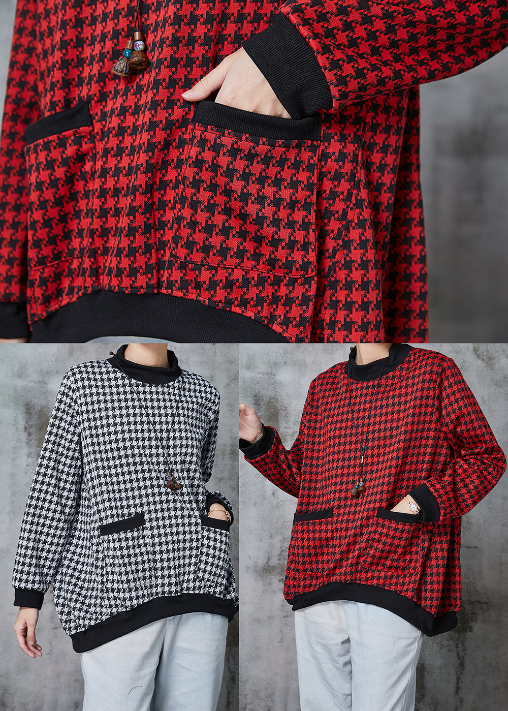 Red Plaid Cotton Pullover Sweatshirt Stand Collar Spring