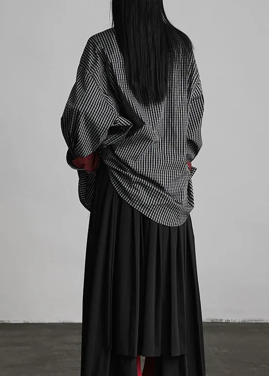 Black Peter Pan Collar Plaid Button Cotton Shirts Fall