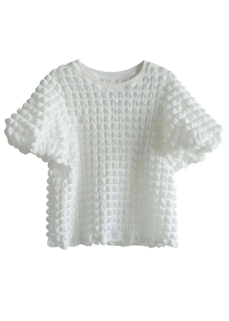 White O-neck Puff Sleeve Summer Cotton Tops