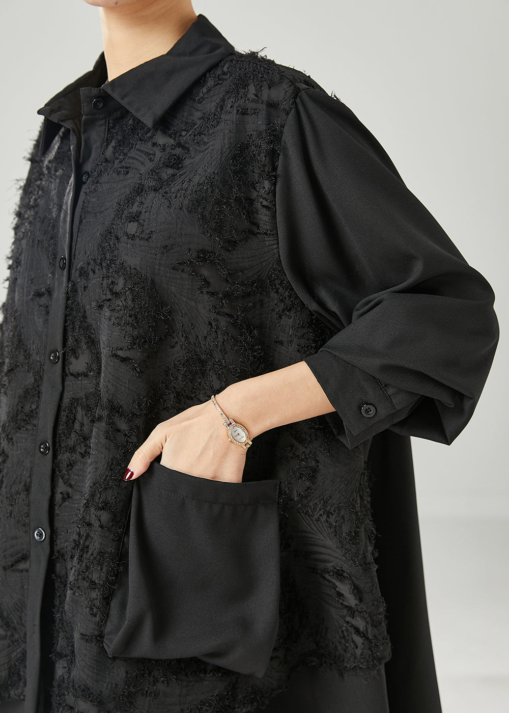 Black Asymmetrical Patchwork Cotton Shirt Dress Spring