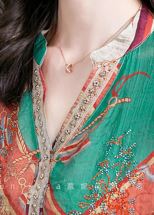Multi Print V Neck Button Chiffon Blouse Tops Long Sleeve