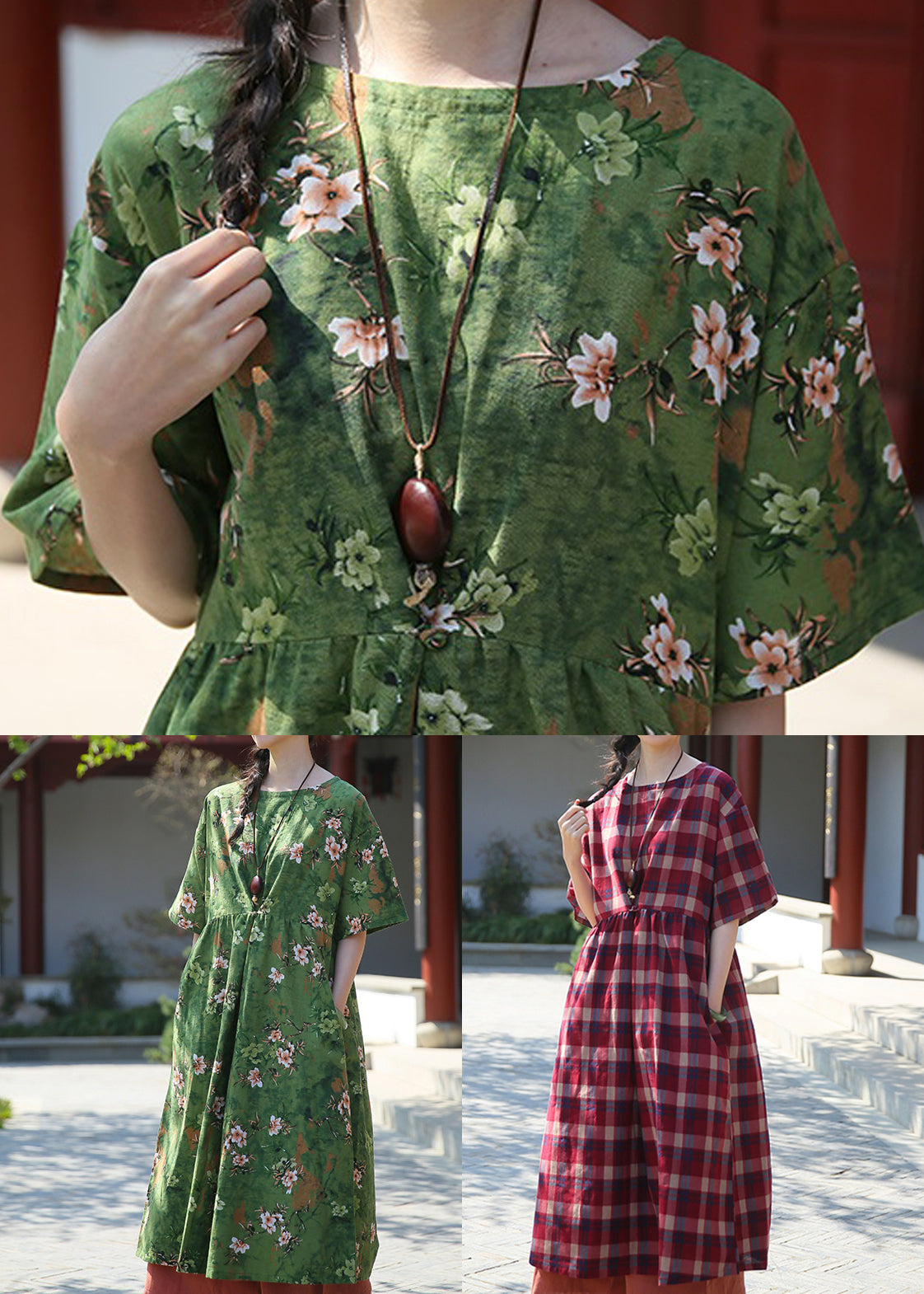 Green Print Pockets Patchwork Cotton Dresses Summer