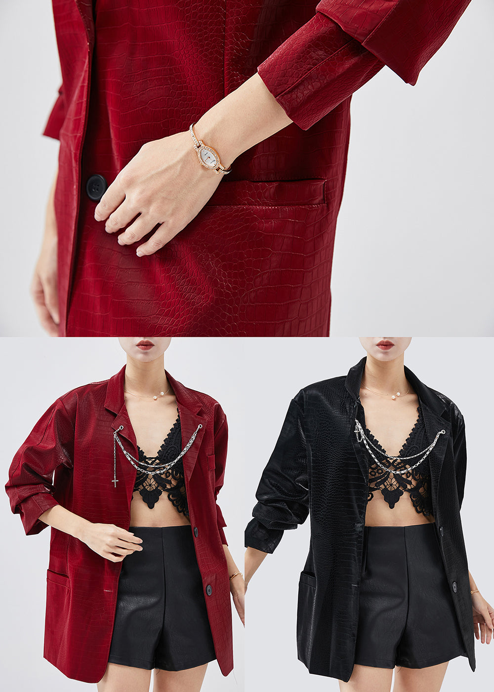 Black Faux Leather Jacket Oversized Metal Chain Spring