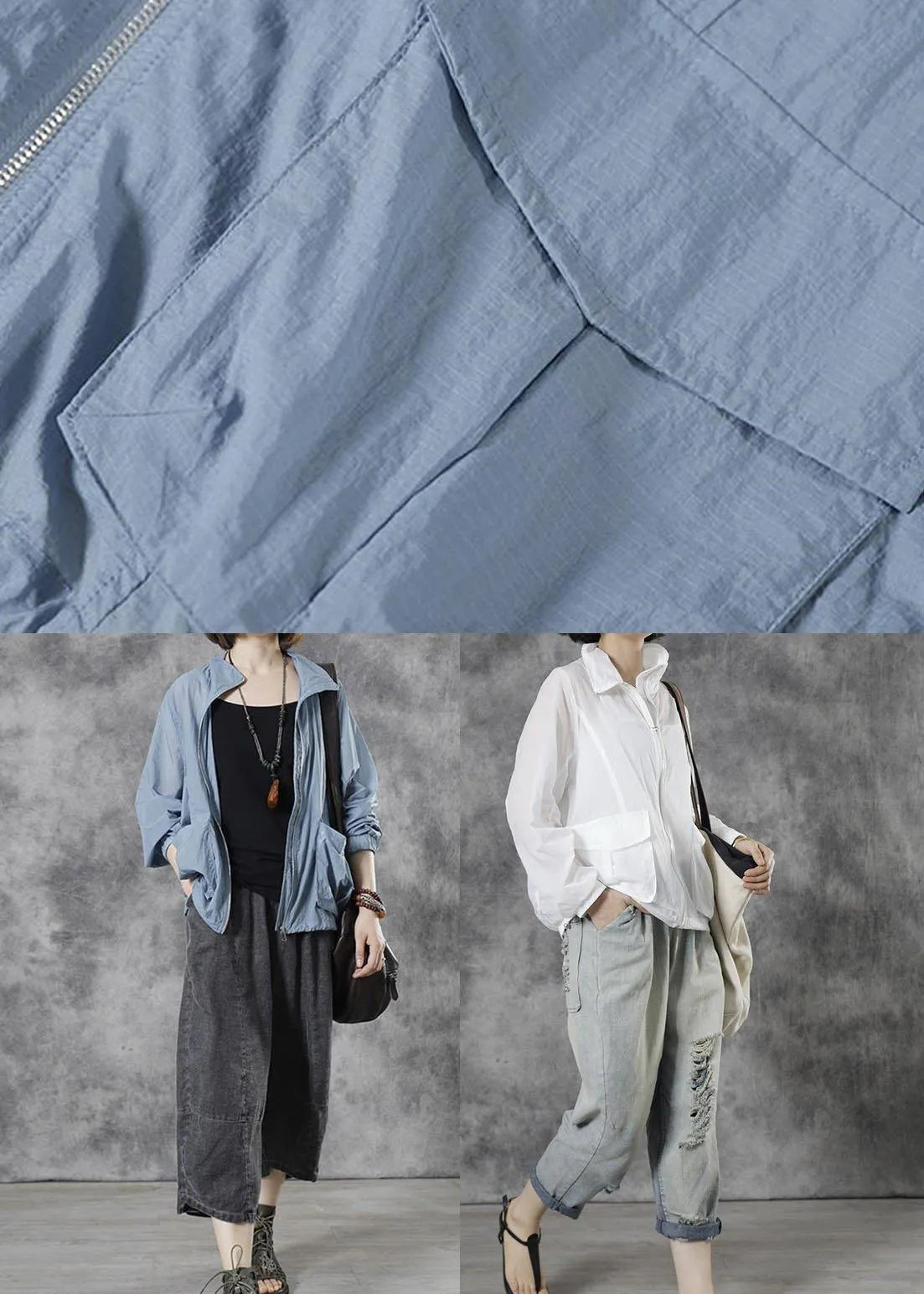 Diy Blue Stand Collar Zippered Fall Long Sleeve Top