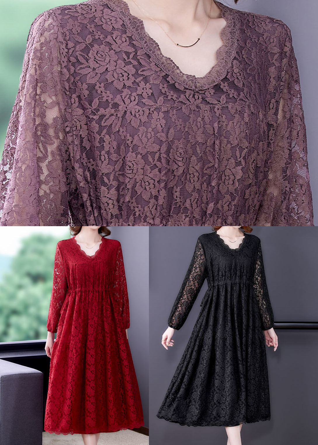 Purple V Neck Cinched Lace Holiday Dress Spring