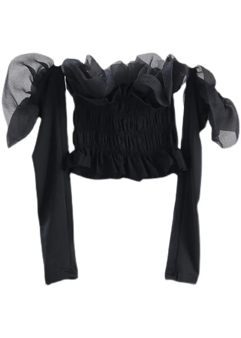 Diy Black Ruffled Tulle Wrinkled Cotton Top Long Sleeve