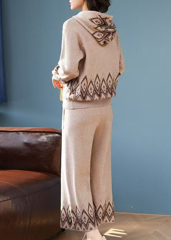 Print Patchwork Cotton Knit Hooded Coats and Wide Leg Pants Two Pieces Set Fall