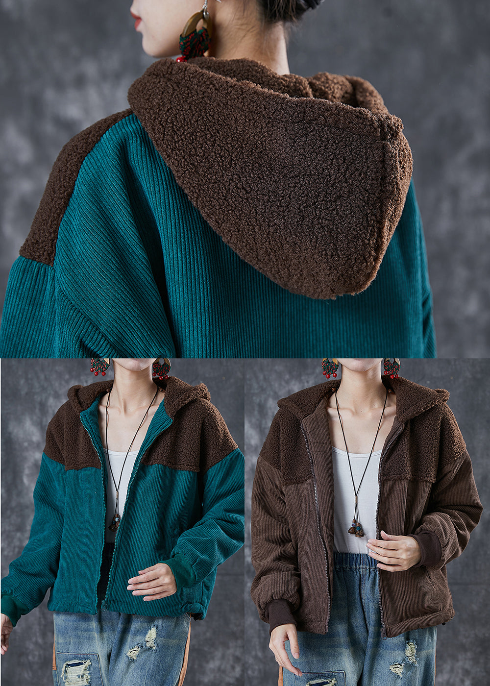 Brown Patchwork Warm Fleece Jacket Hooded Winter