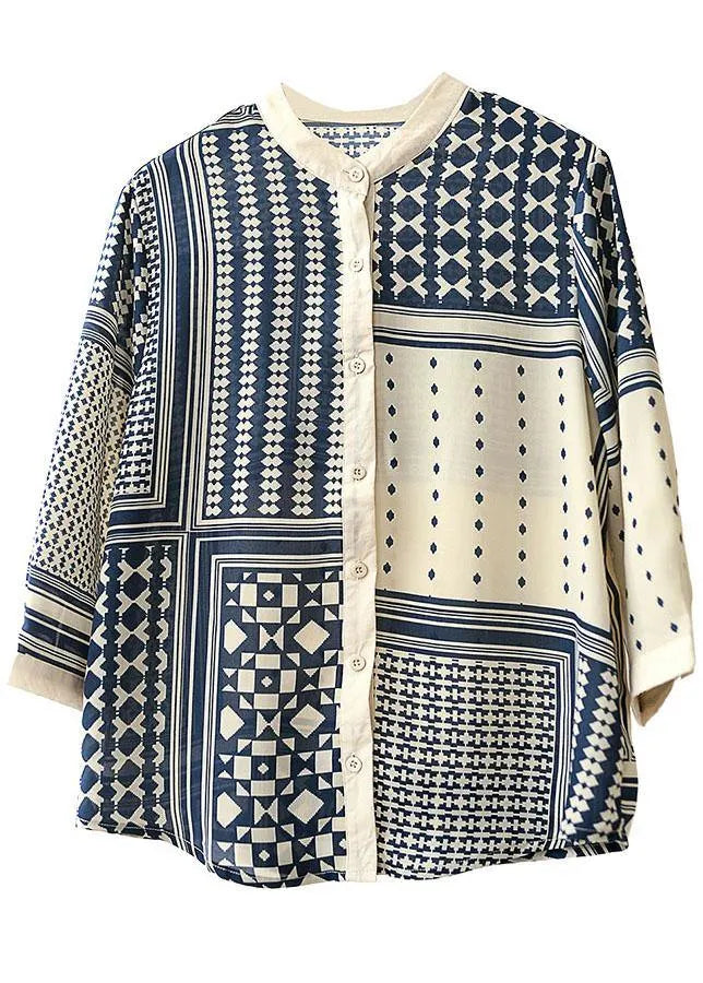 Apricot O-neck Print Button Fall Blouses Three Quarter Sleeve