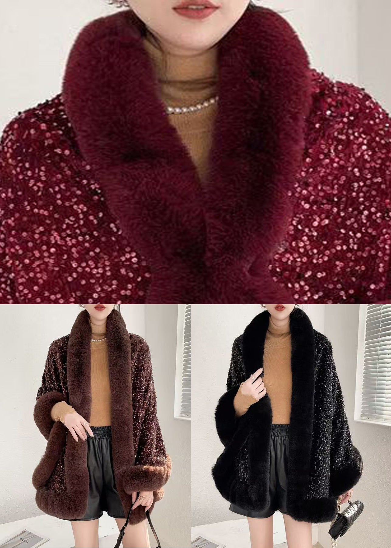 Coffee V Neck Sequins Patchwork Warm Fleece Coat Batwing Sleeve