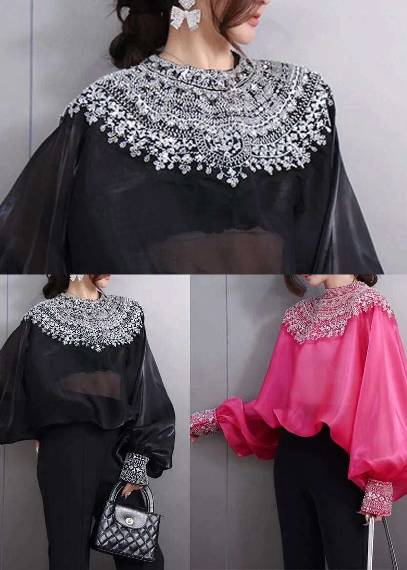 French Black Oversized Ice Silk Shirt Top Batwing Sleeve