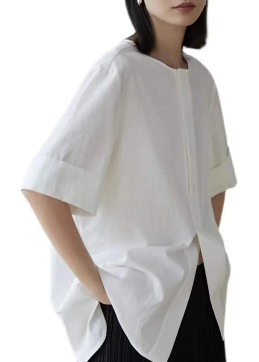 White Oversized Side Open Cotton Shirt Tops Half Sleeve