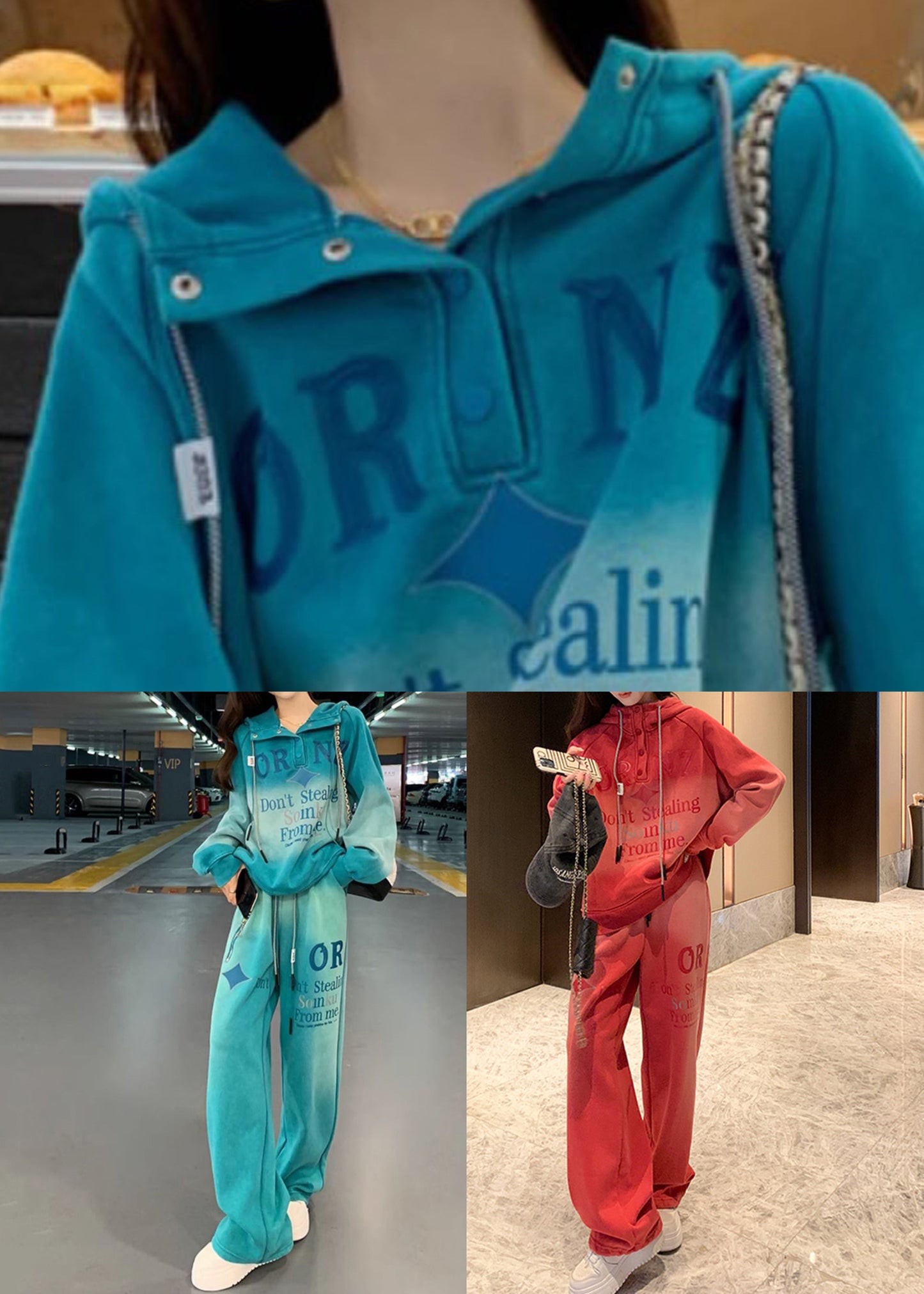 Red Gradient Color Hooded Letter Warm Fleece Two Pieces Set Winter