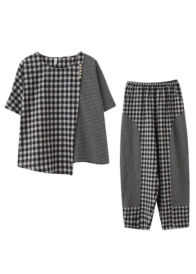 Small Grid Patchwork Asymmetrical Design Two Piece Set Clothing
