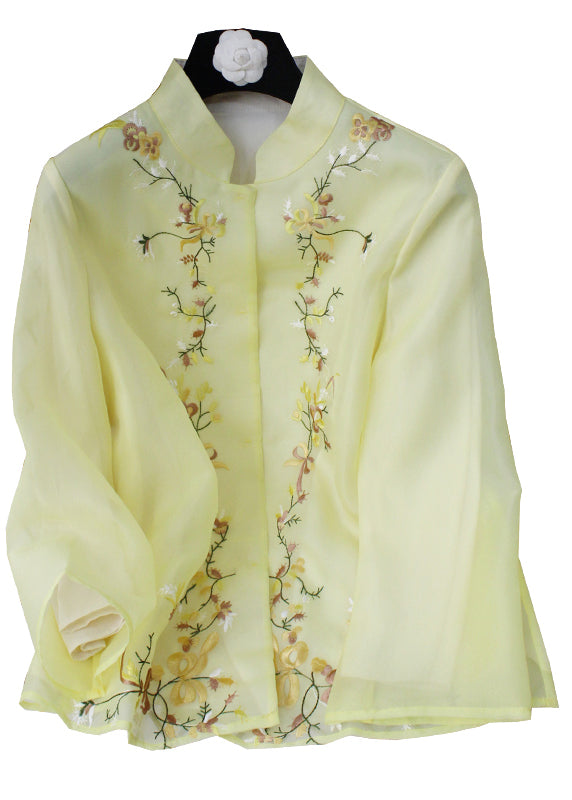 Simple Yellow Stand Collar Embroideried Chiffon Coat Long Sleeve